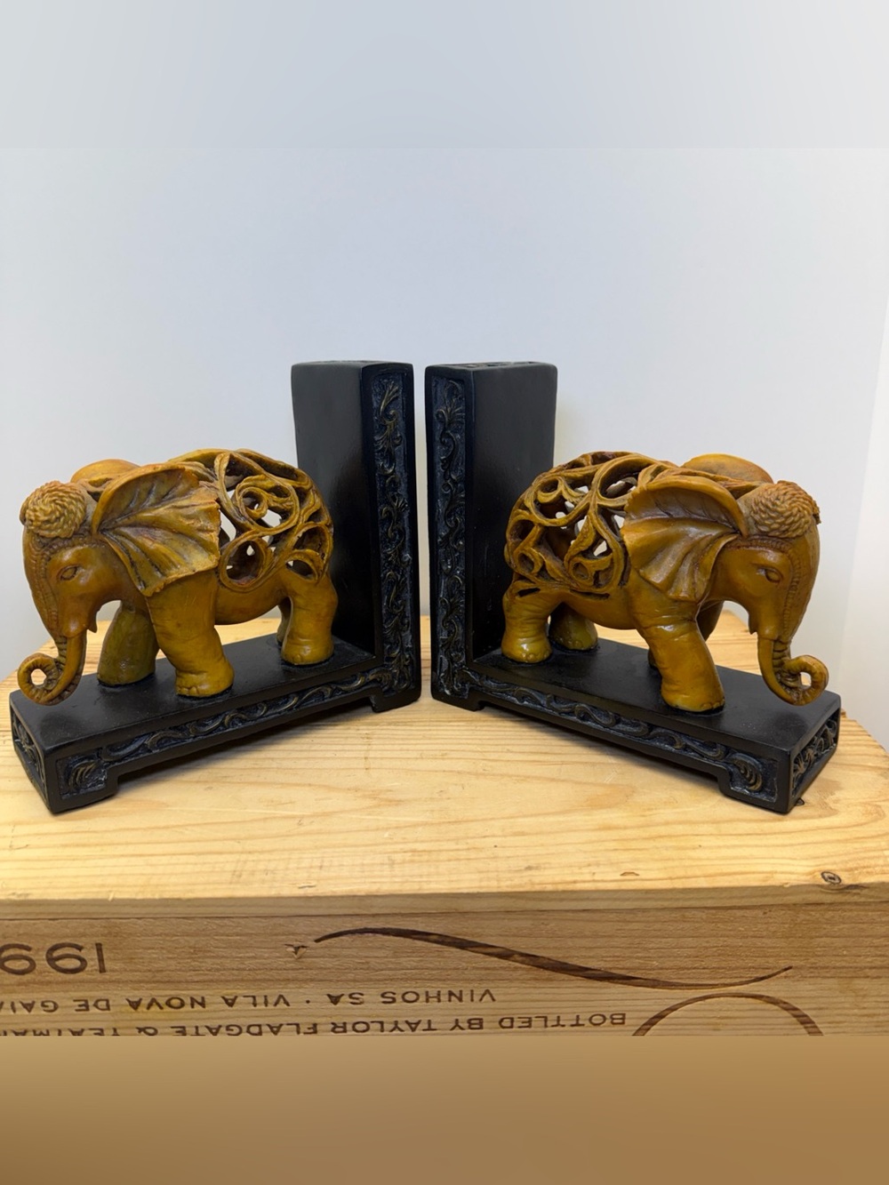 Stunning Vintage Heavy Ornate Carved ELEPHANT BOOKENDS